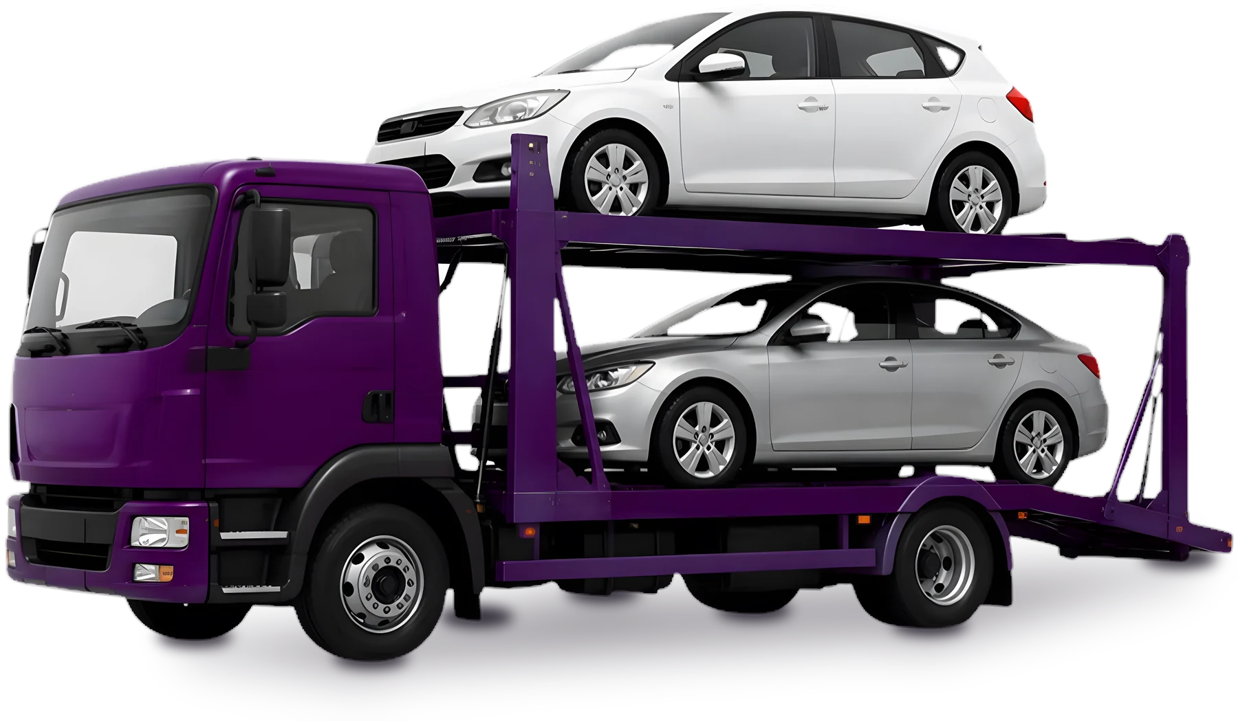 Caminhão roxo de transporte de veículos com dois carros