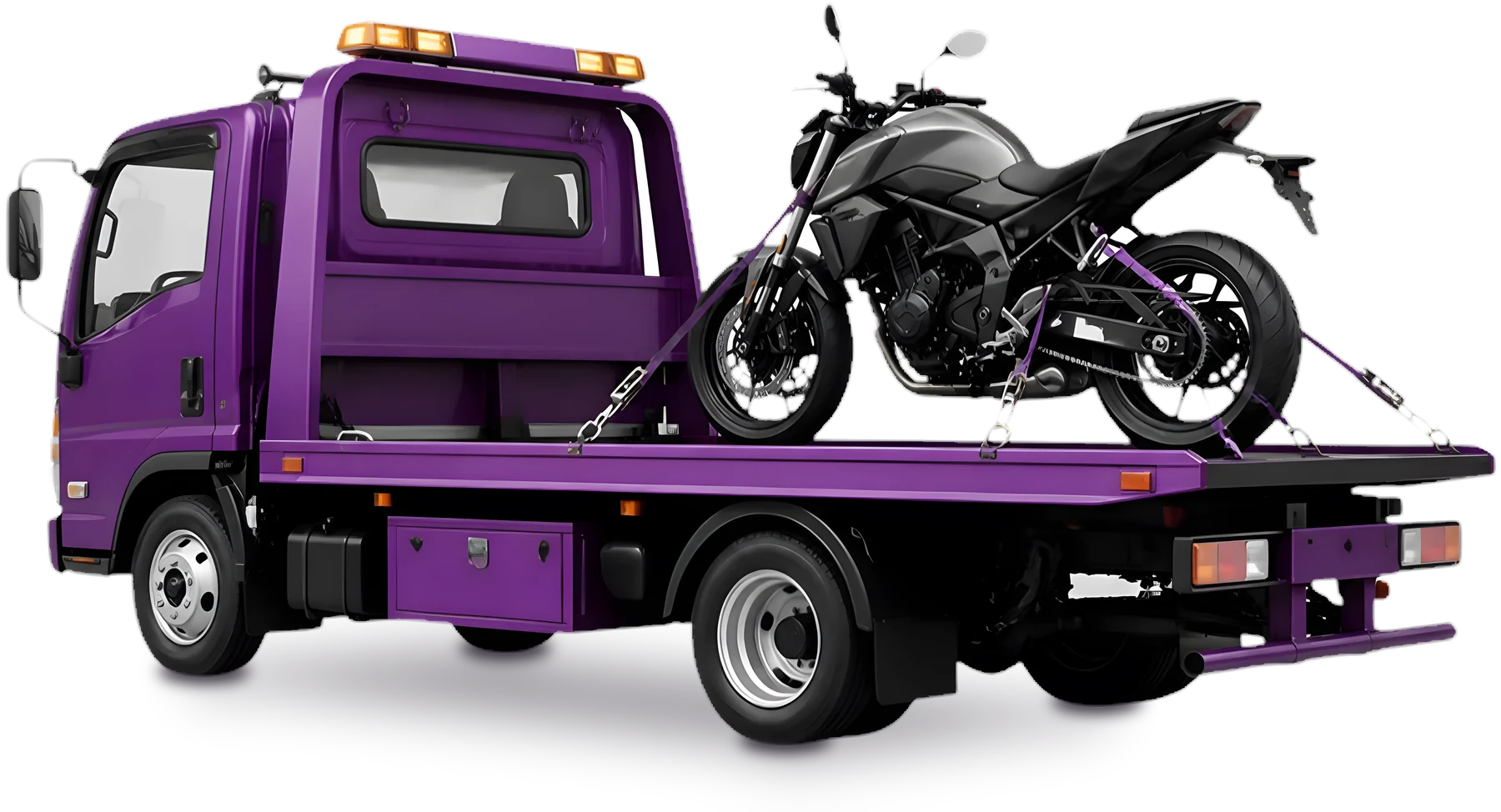 Moto presa na plataforma de um guincho roxo